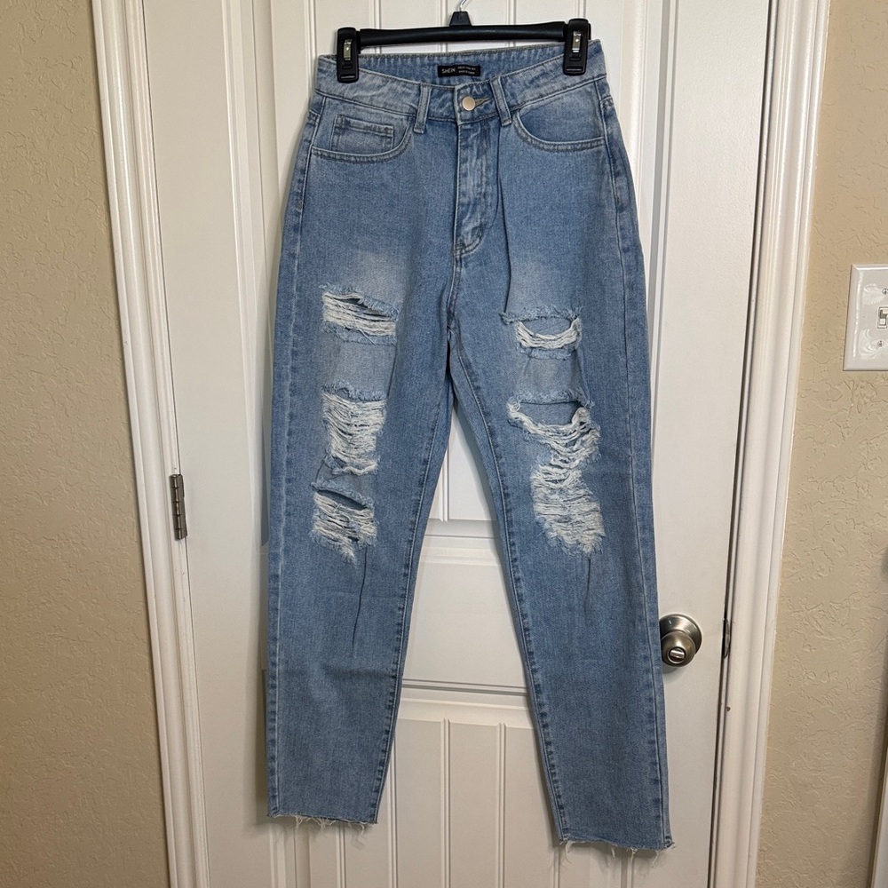 SHEIN Light Blue High Rise Distressed Jeans